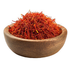 Fototapeta premium Pile of vibrant saffron threads in a wooden bowl
