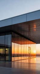 Fototapeta premium Glass building exterior reflecting sunset, showcasing modern architecture and design, representing serenity and contemporary business