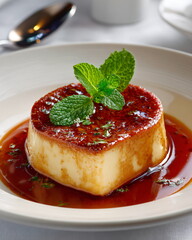 plated creme caramel dessert with caramel syrup and mint leaf, elegant dish on white