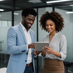Diverse colleagues collaborating and smiling while looking at a tablet
