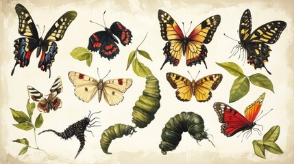 Butterflies, caterpillars, and leaves
