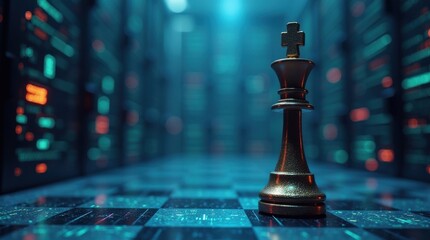 Strategic chess move in digital realm server room 3d render cyber environment close-up intelligence concept