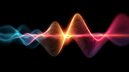 Abstract digital sound wave visualization with glowing light effect on black background. Audio frequency spectrum in motion. Music equalizer concept for electronic dance