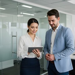 Business professionals collaborating and reviewing data on a tablet