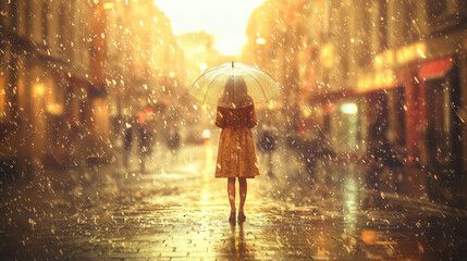 A realistic, dreamlike photo of a nostalgic rainy day in a town city center. 