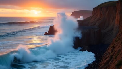 Fototapeta premium Dramatic ocean waves crash against rugged cliffs at sunset