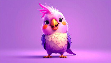 Naklejka premium Adorable 3D-rendered cartoon cockatiel with vibrant purple, pink, and magenta feathers, big brown eyes, and a happy smile, standing on a soft pastel background.