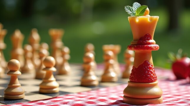 Strategic chess match outdoor park food art display natural light close-up view creative concept