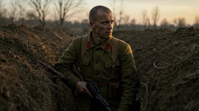 Bald soldier in trench gripping rifle at twilight. Documentary style. Readiness and survival. Security training, recruitment, crisis communication, museum displays, remembrance events,