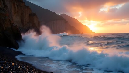 Dramatic sunset over crashing waves on a rocky shore