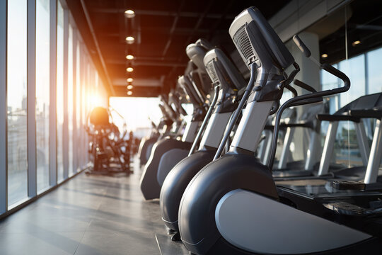 Modern gym interior with rows of elliptical machines and sunlight streaming through large windows