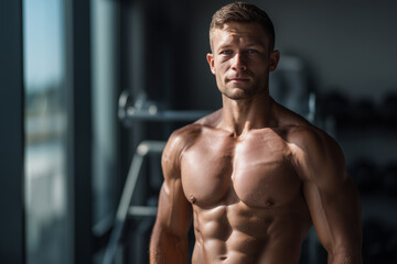 Muscular young man with defined abs and chest posing confidently in a gym with natural light