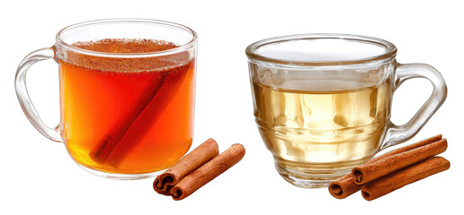 Two cups of spiced tea, one amber, one light, with cinnamon sticks