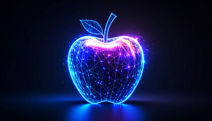 Futuristic glowing apple made of neon holographic lines and wireframe connections, symbolizing digital evolution, artificial intelligence, and the fusion of nature with advanced technology.