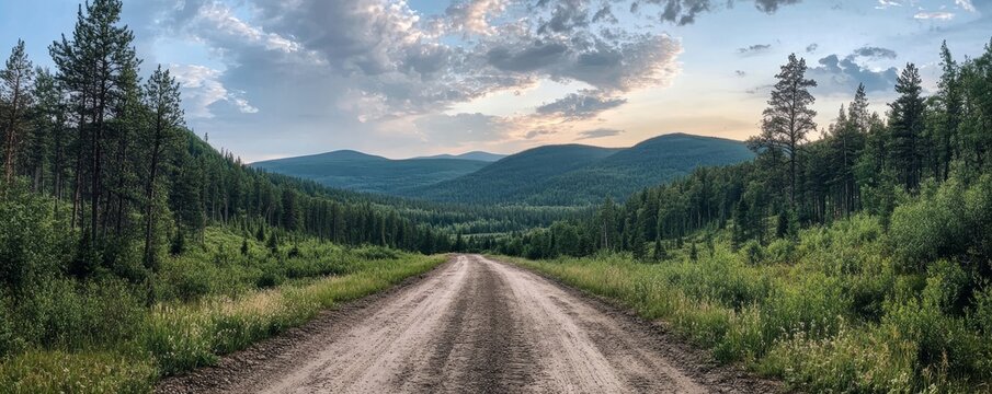 Front view of a dirt road  through the middle of a forest, showcasing the peacefulness and quiet of the natural world, Generative AI - Powered by Adobe