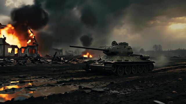 Tank moving across smoking battlefield at dusk. Cinematic combat style. Power and tension. Defense industry, recruitment, crisis reports, memorial day visuals, museum exhibits, policy briefs