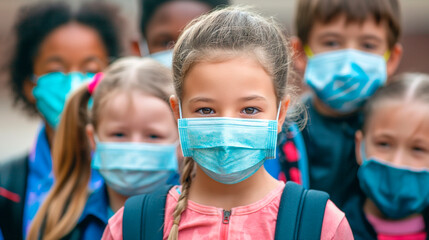 Schoolkids in masks