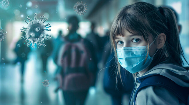 Schoolgirl in Mask with Crowd Background - Powered by Adobe