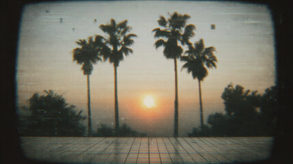 Sunset view through retro viewfinder with palm trees silhouettes on tiled terrace. Summer vacation beach vibe. Nostalgic vintage film camera effect. Travel destination concept