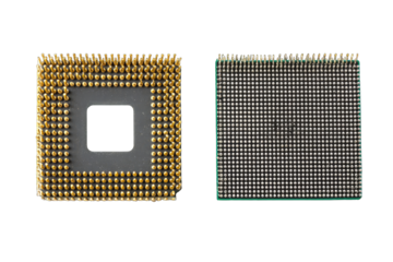 Two computer CPU chips, side-by-side, showing gold and gray components