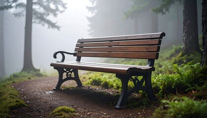 A lone wooden bench sits on a misty forest path