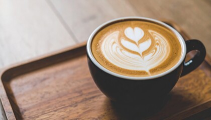 Black Coffee Cup with Latte Art on a Wooden Tray in Soft Morning Light