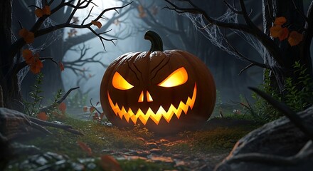 Glowing jack-o'-lantern with spooky face in a dark forest, Halloween night scene