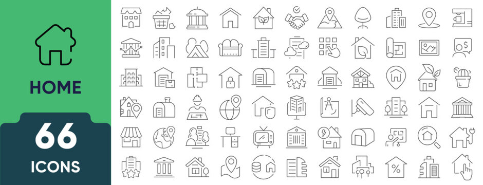 House and real estate icon set in linear style. Collection of 66 outline icons representing property, buildings, home, rent, sale, and construction. Editable stroke. - Powered by Adobe