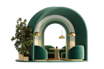 Emerald archway seating area, lush greenery