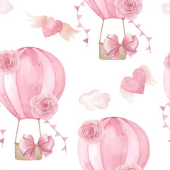 Watercolor baby seamless pattern with hot air balloon,  hearts. Hand drawn cute  illustration on white background © natikka