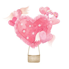 Watercolor baby print with hot air balloon,  hearts. Hand drawn cute  illustration on white background