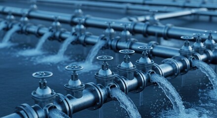 Multiple metallic pipelines system with flowing water, industrial and engineering concept,water