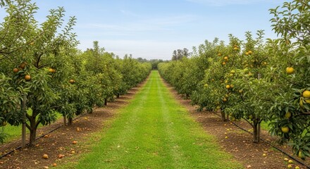 Obraz premium Orchard with green rows of trees