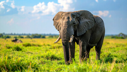 Fototapeta premium elephant in the wild, African elephant walking across lush green savanna, with herd in the background and distant hills under soft sunlight, symbolizing wildlife, strength, nature, and conservation