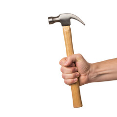 person gripping a wooden handle hammer on Isolated transparent background png. generated with AI