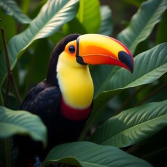 Fototapeta premium Vibrant toucan with large colorful beak among lush green leaves