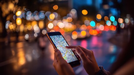 Navigating city streets at night using a smartphone map app, vibrant bokeh lights illuminate the background