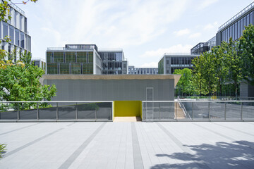 empty brick ground with modern building