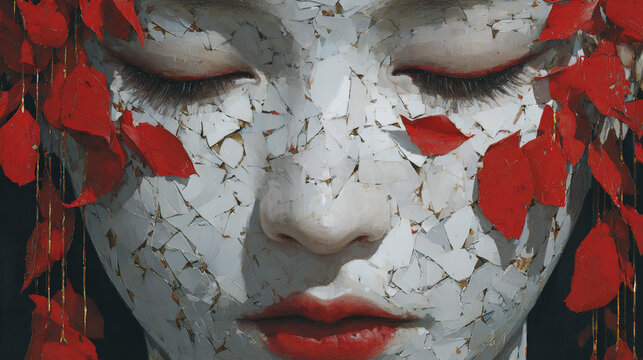 Close up view of woman face with cracked white paint and red petals pattern. Dark artistic portrait. Creative makeup design for beauty industry, fashion show and Halloween concept