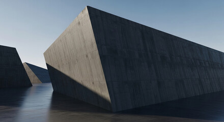 Obraz premium Abstract gray concrete geometric structures, creating a minimalist and modern architectural scene, showcasing starkness and industrial design, for modern architecture or design concepts