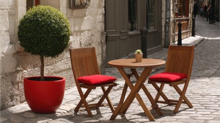 Fototapeta premium Charming Outdoor Cafe Setup with Wooden Furniture and Cobblestone Street in a European Town