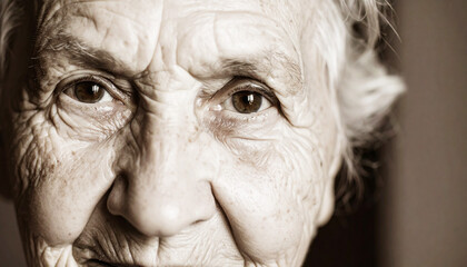 old woman face, black and white portrait of an elderly woman with wise eyes, deep wrinkles, and calm expression, symbolizing wisdom, life experience, and timeless human dignity