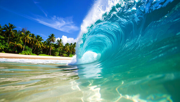 Giant turquoise wave curling into a perfect barrel under golden sunlight, reflecting shimmering light on the ocean surface with a tropical beach and palm trees in the background.