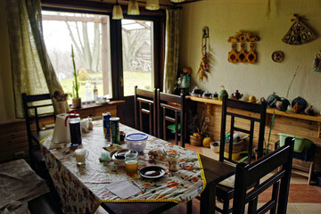 Rustic Dining Room Interior with Breakfast Table and Natural Light