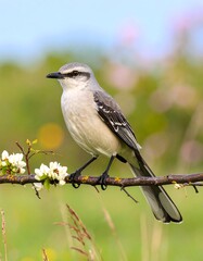 Fototapeta premium A small grayish bird perches on a flowering branch against a softly blurred green and blue background