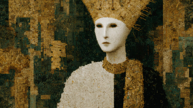 Mysterious figure in medieval style costume with golden crown and white mask against stone wall background. Fantasy art concept for book cover, game design and wall art decor
