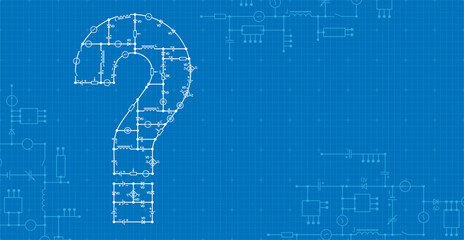 Electricity industry background with electrical circuit diagram and question sign. Vector background from components of conductors, connections, contour, controllers, transistors