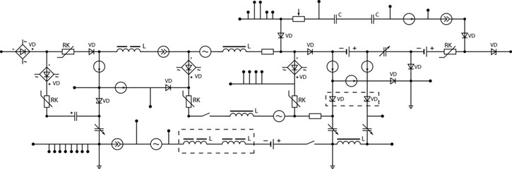 Electrical circuit diagram. Industry design element from components of conductors, connections, contour, controllers, transistors