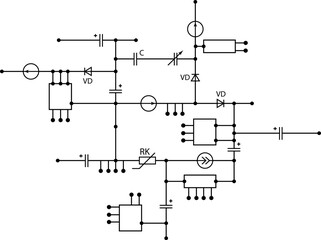 Electrical circuit diagram. Industry design element from components of conductors, connections, contour, controllers, transistors