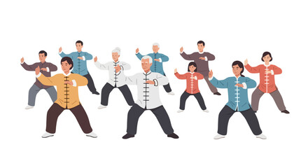 Obraz premium Diverse Group Practicing Tai Chi for Wellness and Balance, Suitable for Health, Fitness, and Traditional Chinese Culture Illustrations
